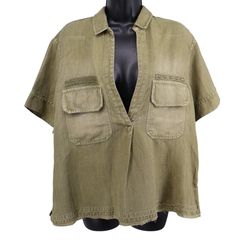 AG Adriano Goldschmied Olive Utility Shirt Womens S Oversized Stud Pocket‎